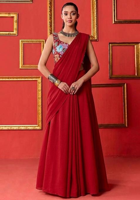 Red Printed Crepe Pre Draped Saree Set