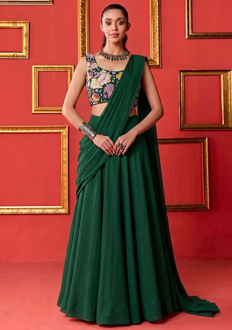 Bottle Green Printed Crepe Pre Draped Saree Set - Indya