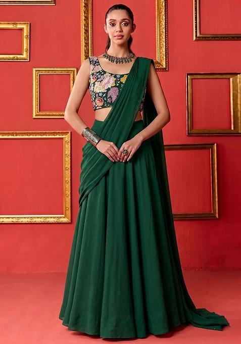 Bottle Green Printed Crepe Pre Draped Saree Set