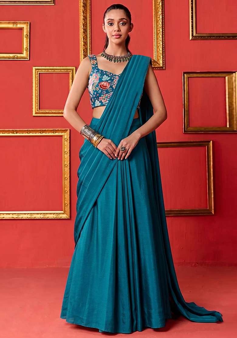 Teal Blue Printed Crepe Pre Draped Saree Set - Indya