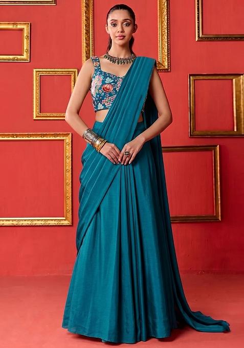 Teal Blue Printed Crepe Pre Draped Saree Set