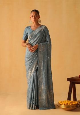 Steel Blue Embroidered Crepe Pre Draped Saree Set