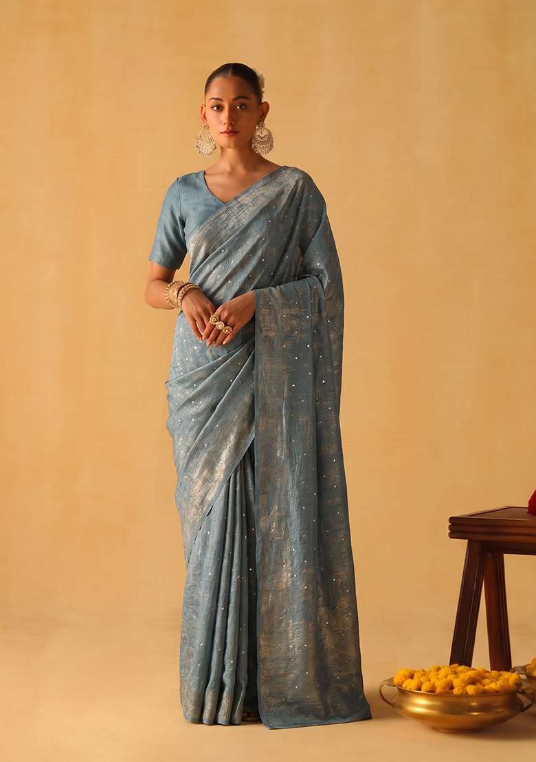 Steel Blue Embroidered Crepe Pre Draped Saree Set - Indya