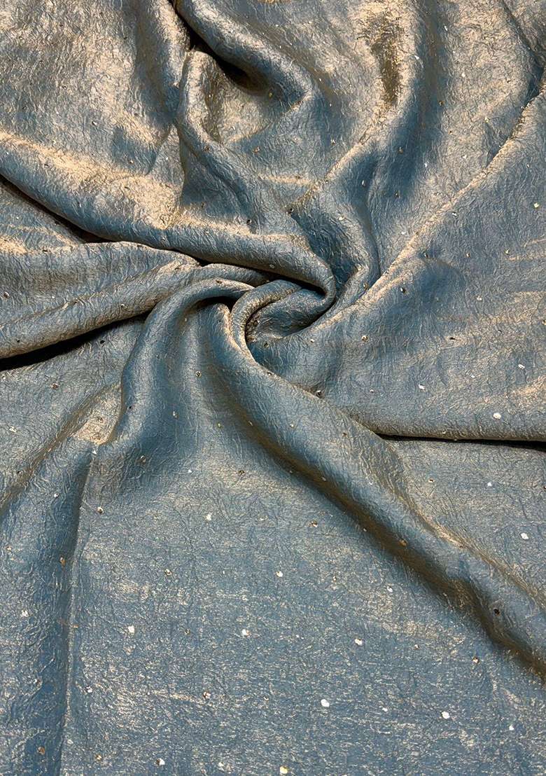 Steel Blue Embroidered Crepe Pre Draped Saree Set - Indya