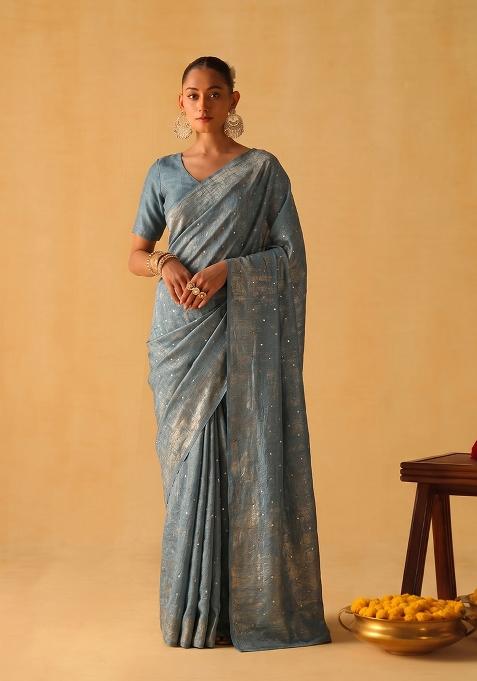 Steel Blue Embroidered Crepe Pre Draped Saree Set