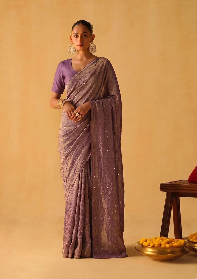 Mauve Embroidered Crepe Pre Draped Saree Set - Indya