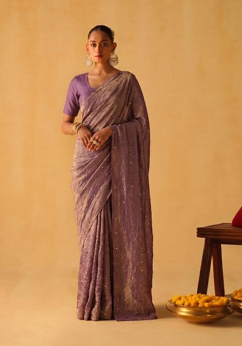 Mauve Embroidered Crepe Pre Draped Saree Set
