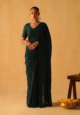Dark Green Embroidered Crepe Pre Draped Saree Set