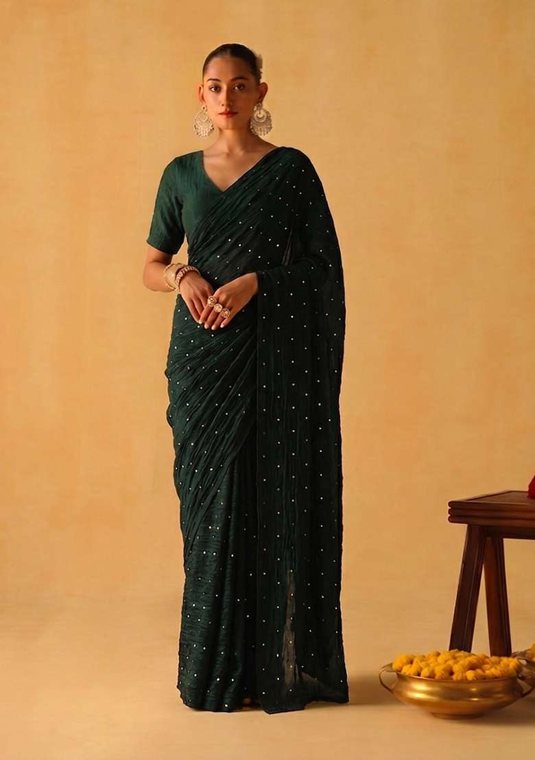 Dark Green Embroidered Crepe Pre Draped Saree Set - Indya