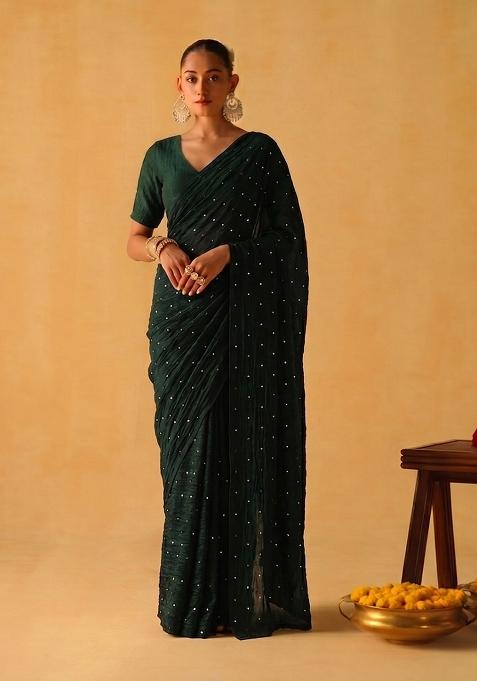 Dark Green Embroidered Crepe Pre Draped Saree Set