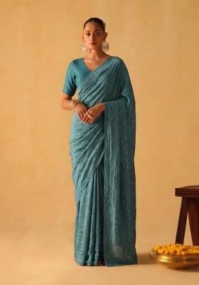 Steel Blue Embroidered Crepe Pre Draped Saree Set
