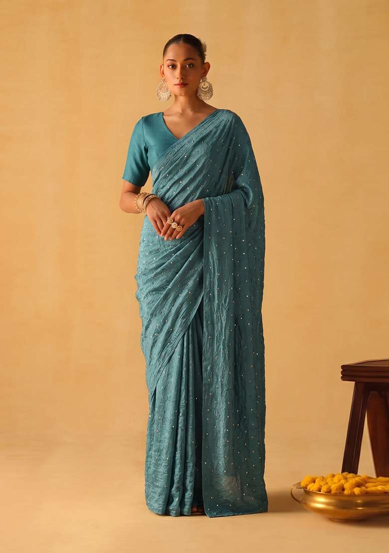 Steel Blue Embroidered Crepe Pre Draped Saree Set - Indya