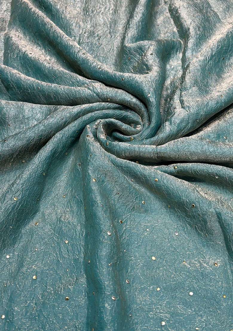 Steel Blue Embroidered Crepe Pre Draped Saree Set - Indya