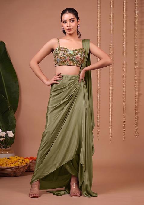 Olive Green Printed Crepe Pre Draped Saree Set