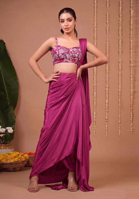 Dark Pink Printed Crepe Pre Draped Saree Set