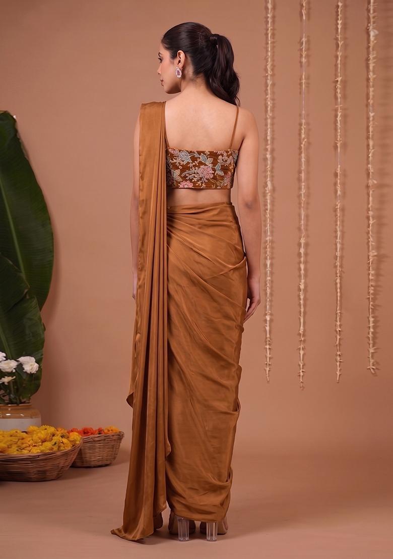 Brown Printed Crepe Pre Draped Saree Set - Indya