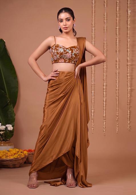 Brown Printed Crepe Pre Draped Saree Set