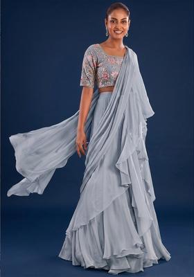 Light Blue Sequin Crepe Pre Draped Saree Set