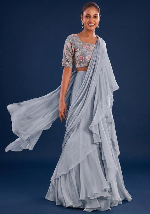 Light Blue Sequin Crepe Pre Draped Saree Set