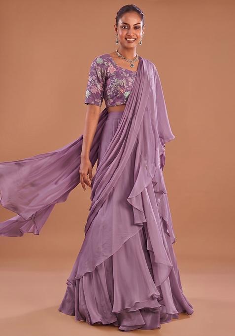 Mauve Sequin Crepe Pre Draped Saree Set
