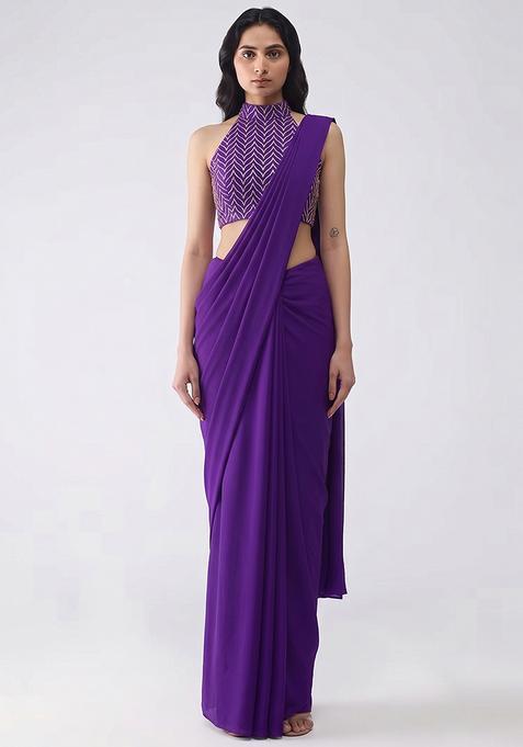 Navy Blue Silk Pre Draped Saree Set