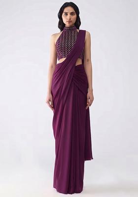 Wine Silk Blend Pre Draped Saree Set