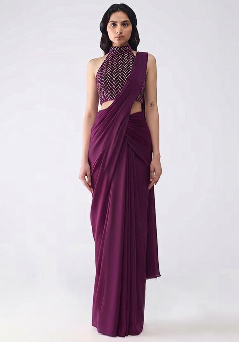 Wine Silk Pre Draped Saree Set