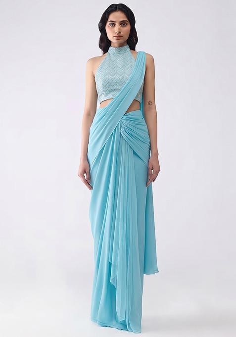 Light Blue Silk Pre Draped Saree Set