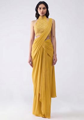 Yellow Silk Blend Pre Draped Saree Set