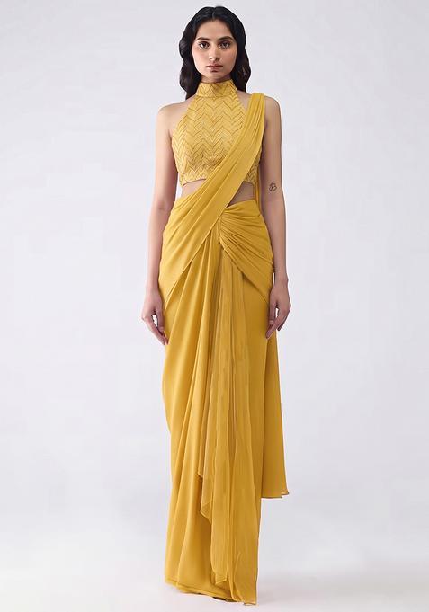 Yellow Silk Pre Draped Saree Set