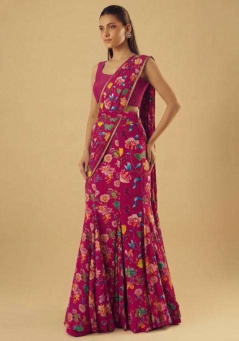 Pink Printed Chinon Pre Draped Saree Set