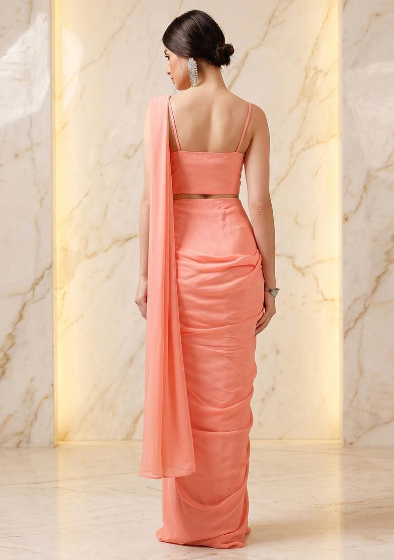 Peach Embroidered Handwork Pre Draped Saree Set - Indya