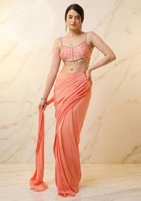 Peach Embroidered Handwork Pre Draped Saree Set
