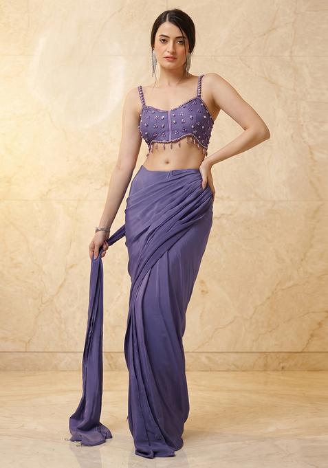 Purple Embroidered Handwork Pre Draped Saree Set