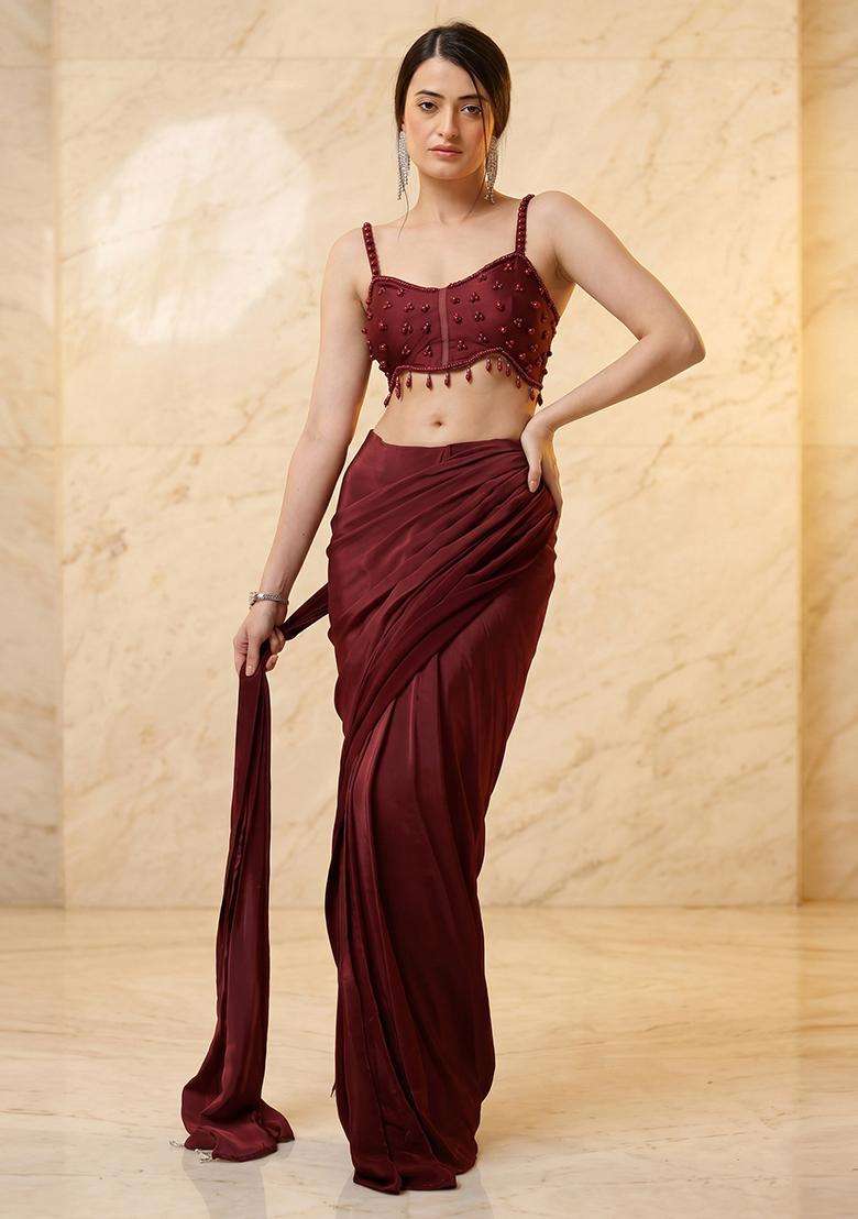 Wine Embroidered Handwork Pre Draped Saree Set - Indya