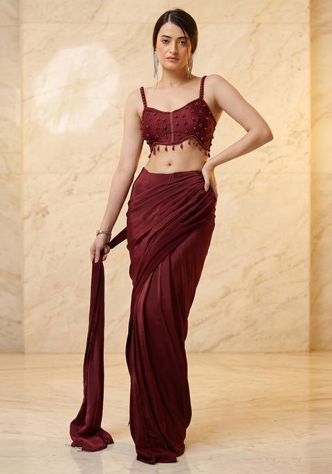 Wine Embroidered Handwork Pre Draped Saree Set