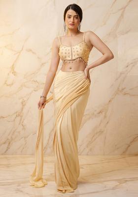 Yellow Embroidered Handwork Pre Draped Saree Set