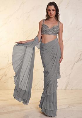 Grey Embroidered Handwork Pre Draped Saree Set