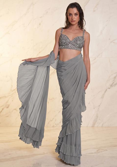 Grey Embroidered Handwork Pre Draped Saree Set