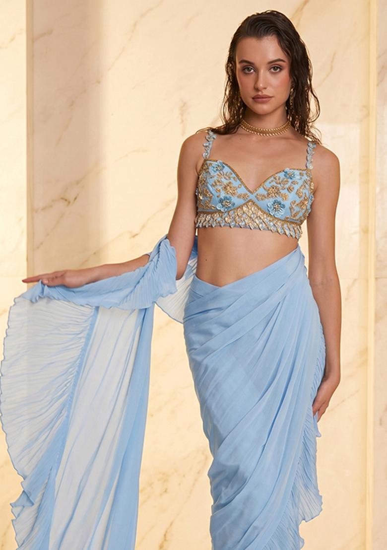 Blue Embroidered Handwork Pre Draped Saree Set - Indya