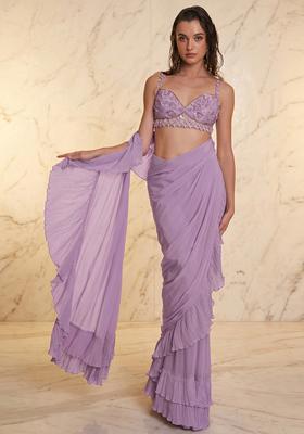 Lavender Embroidered Handwork Pre Draped Saree Set