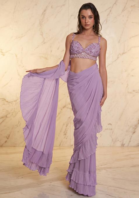 Lavender Embroidered Handwork Pre Draped Saree Set