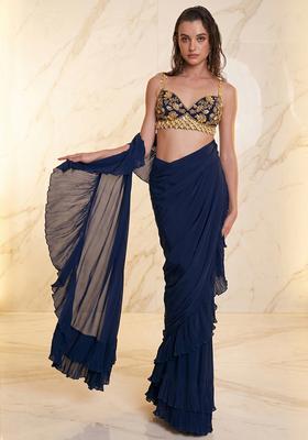 Navy Blue Embroidered Handwork Pre Draped Saree Set