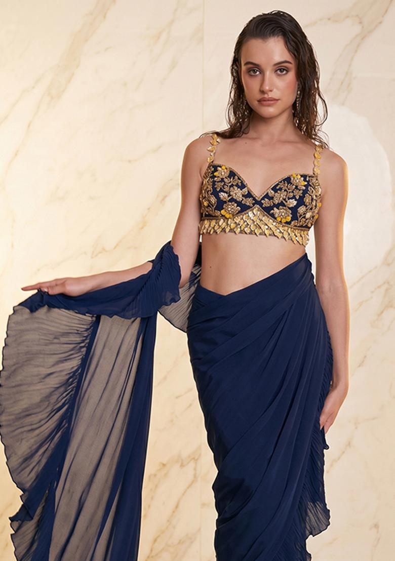 Navy Blue Embroidered Handwork Pre Draped Saree Set - Indya