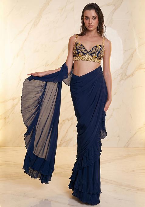 Navy Blue Embroidered Handwork Pre Draped Saree Set