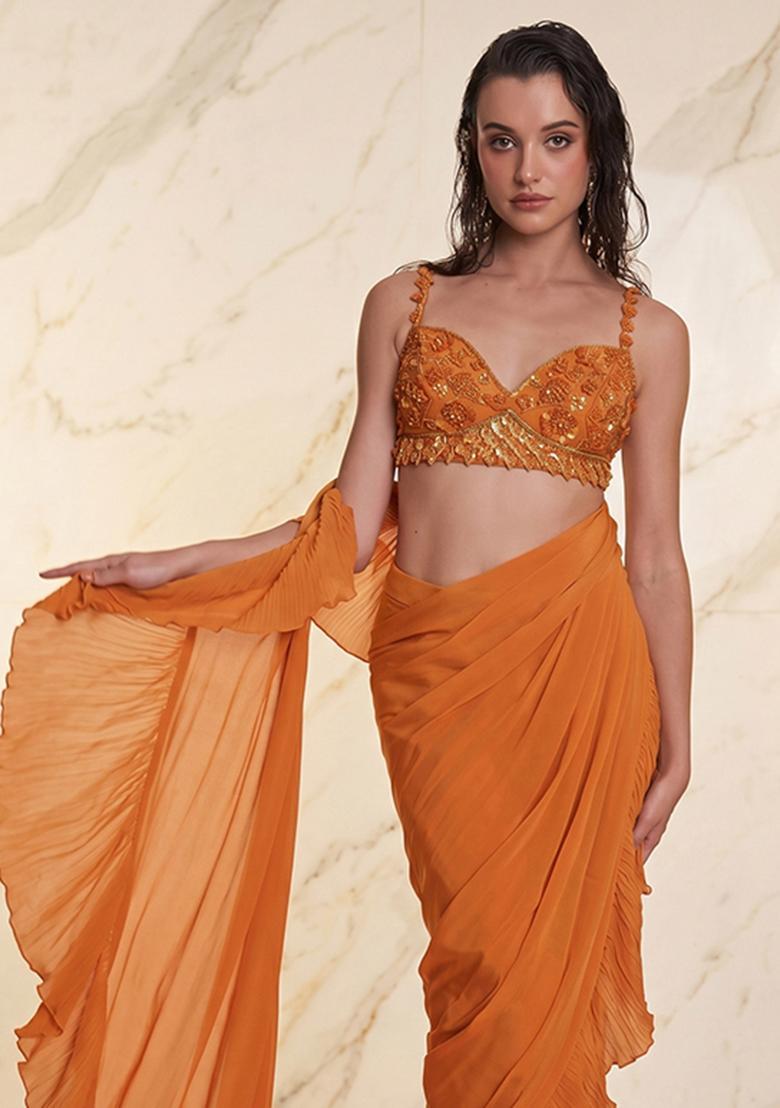 Orange Embroidered Handwork Pre Draped Saree Set - Indya