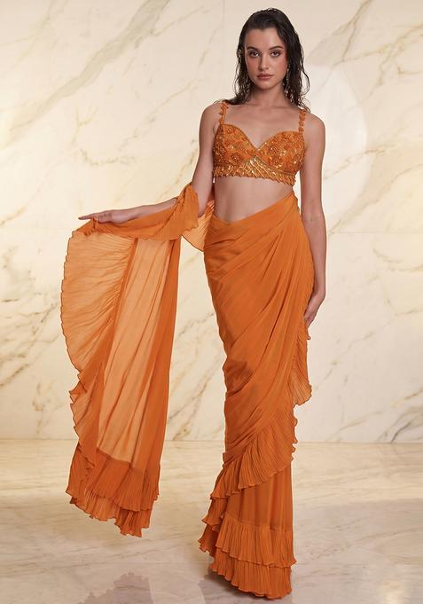 Orange Embroidered Handwork Pre Draped Saree Set