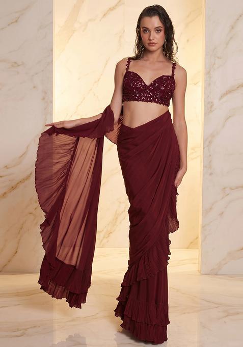 Wine Embroidered Handwork Pre Draped Saree Set