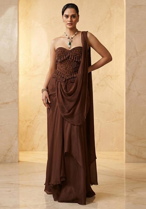 Brown Embroidered Handwork Pre Draped Saree Set