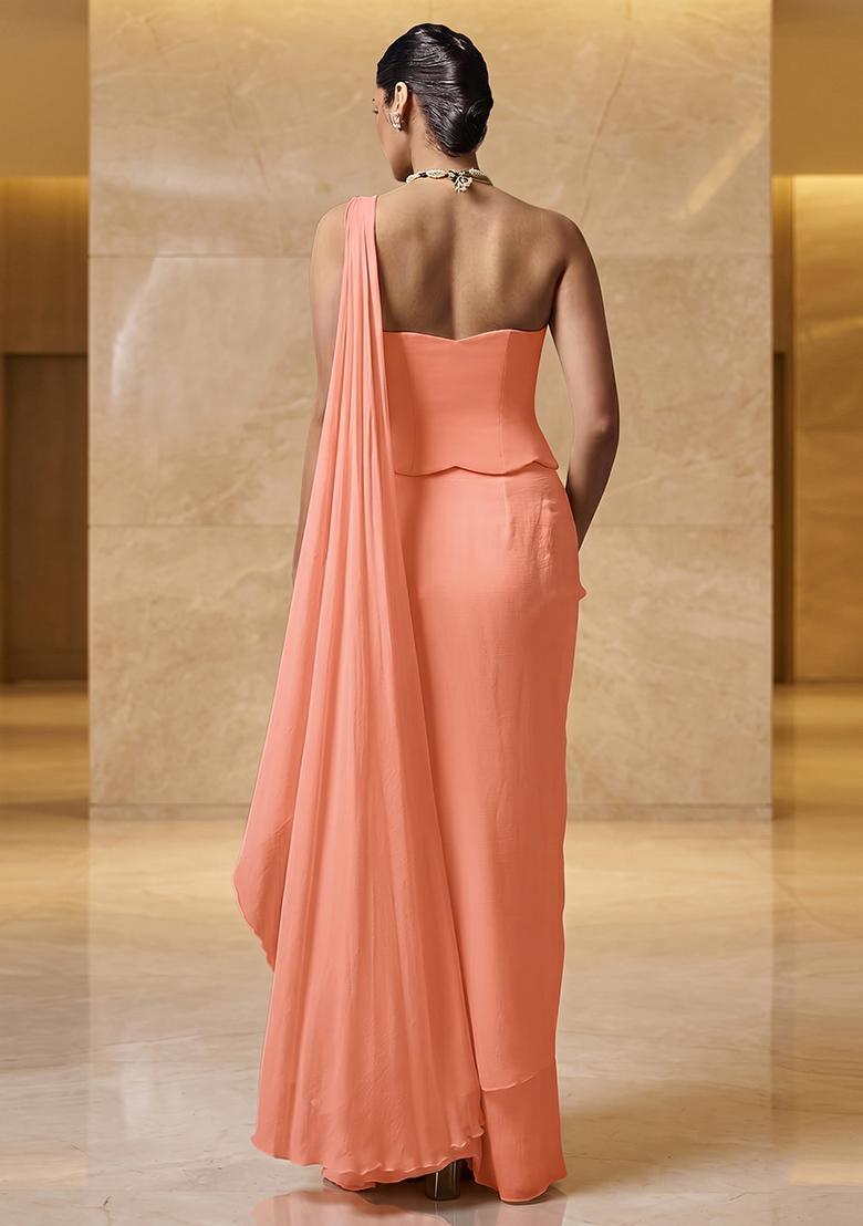 Coral Embroidered Handwork Pre Draped Saree Set - Indya